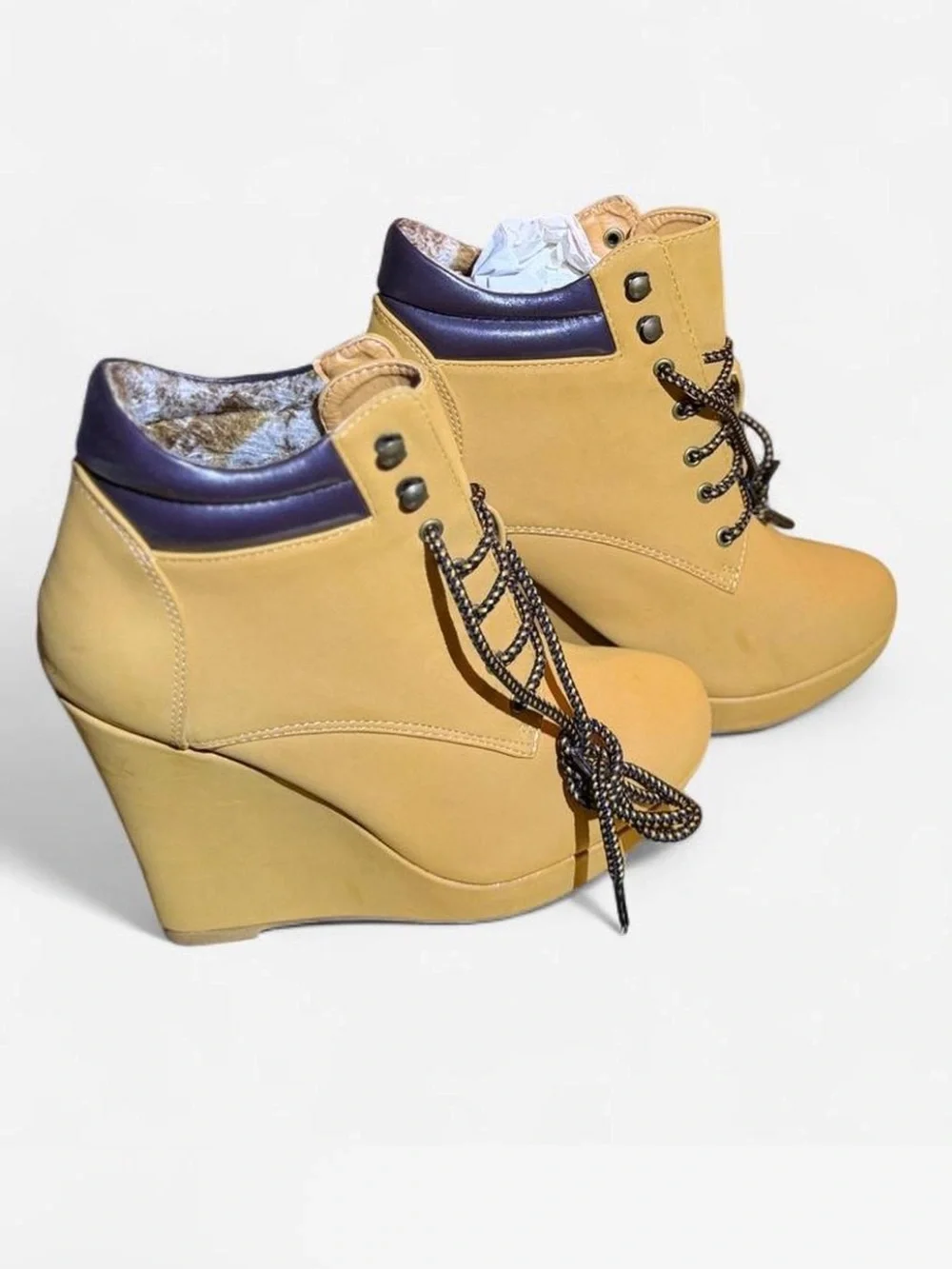 Women’s Tan Wedge Ankle Boot with Navy Collar